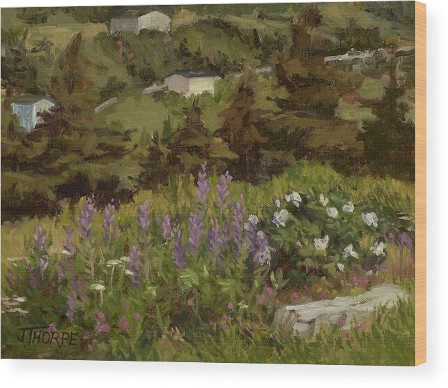 Trees Wood Print featuring the painting Lupine and Wild Roses by Jane Thorpe