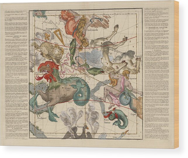 Constellations Map Wood Print featuring the drawing Map of the constellations Cetus, Pegasus, Aquarius, Andromeda - Celestial Map - Antique map by Studio Grafiikka
