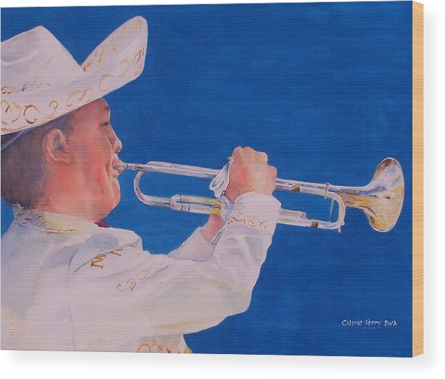 Mariachi Wood Print featuring the painting Mariachi Trumpeter by Celene Terry