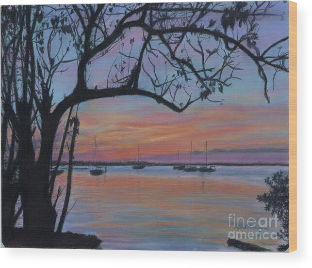 Roshanne Wood Print featuring the pastel Marsh Harbour at Sunset by Roshanne Minnis-Eyma