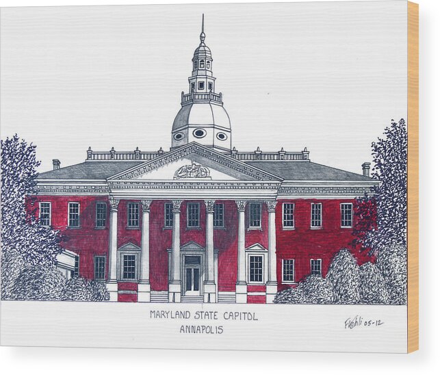 Pen And Ink Drawings Wood Print featuring the drawing Maryland State Capitol by Frederic Kohli