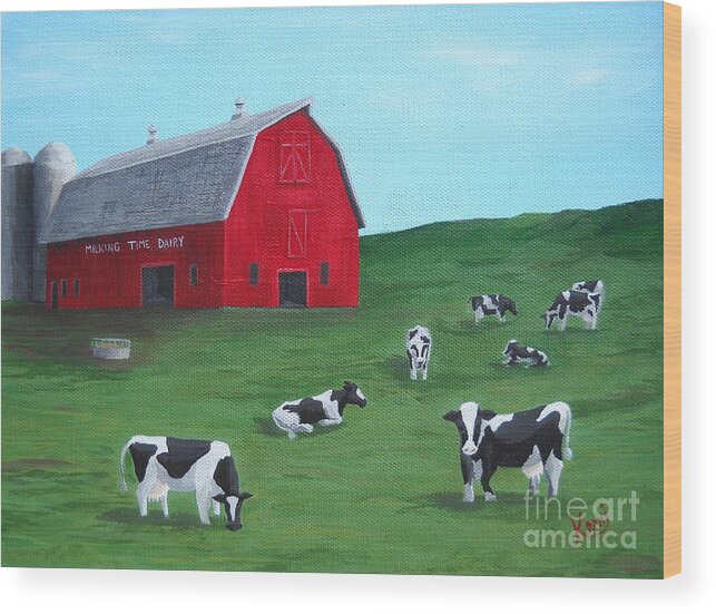 Farm Wood Print featuring the painting Milking Time Dairy by Kerri Sewolt