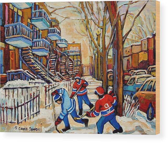 Montreal Hockey Game With 3 Boys Wood Print featuring the painting Montreal Hockey Game With 3 Boys by Carole Spandau