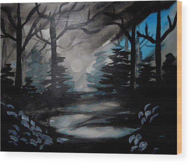 Watercolor Wood Print featuring the painting Moonlit Midnight Forest by Carol Crisafi