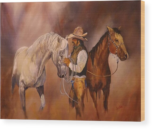 Western Wood Print featuring the painting Morning Choice by Barry BLAKE