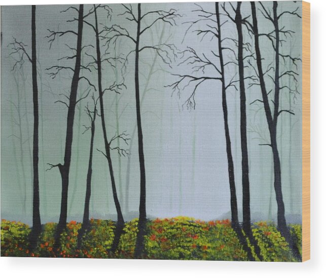 This Is A Landscape Painting Of A Foggy Wooded Area. The Light Is Coming Through A Foggy Area Of The Background. I Used A Light Colored Back Ground To Give The Painting Depth And Contrast. The Trees Don't Have Leaves And Are Casting A Shadow On The Forest Floor. The Ground Is Covered With Fresh Flowers And Green Grass. This Is An Affordable Oil Painting And Would Look Great In Any Room. Wood Print featuring the painting Morning Fog by Martin Schmidt