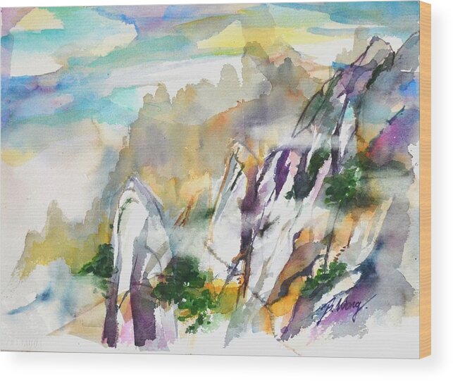 Mountain Wood Print featuring the painting Mountain Awe #2 by Betty M M Wong