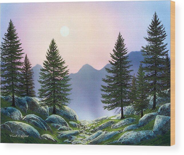 Landscape Wood Print featuring the painting Mountain Firs by Frank Wilson