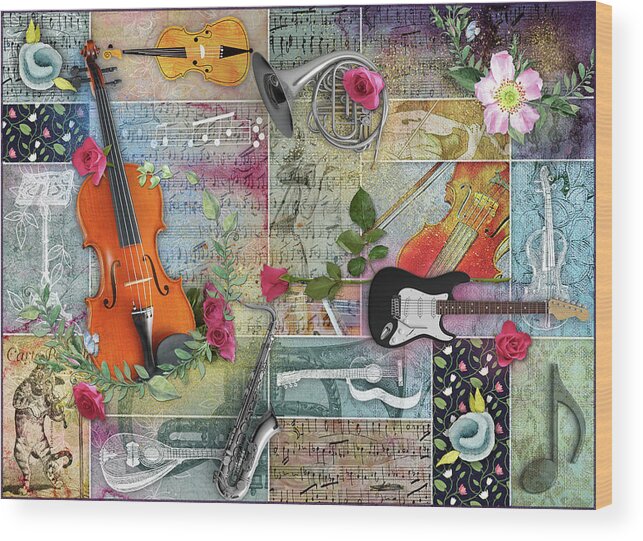 Musical Wood Print featuring the digital art Musical Garden Collage by Linda Carruth