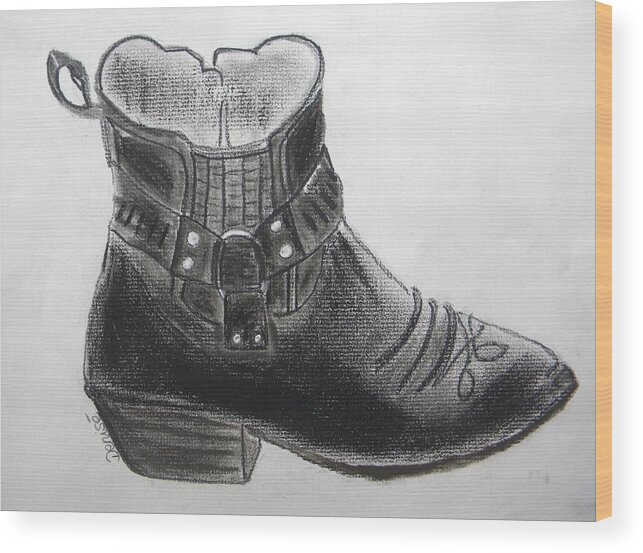 Black Wood Print featuring the drawing My Right Boot by Denise Hills