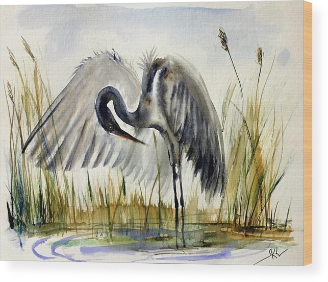Egret Wood Print featuring the painting Near the pond 3 by Katerina Kovatcheva