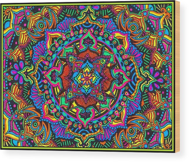 Mandala Wood Print featuring the drawing Neon Kisses by Baruska A Michalcikova