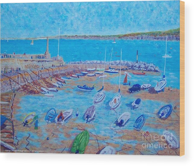 Painting New Quay Harbour Blue Boats Ceredigion Wood Print featuring the painting New Quay Harbour Blue Boats Ceredigion by Edward McNaught-Davis