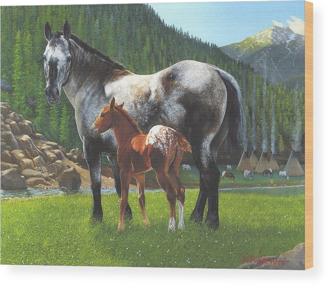 Appaloosa Mare And Colt Wood Print featuring the painting Nez Perces Gold by Howard Dubois