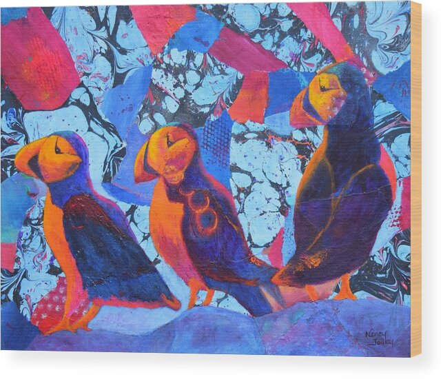 Puffins Wood Print featuring the painting Oh Those Puffins by Nancy Jolley