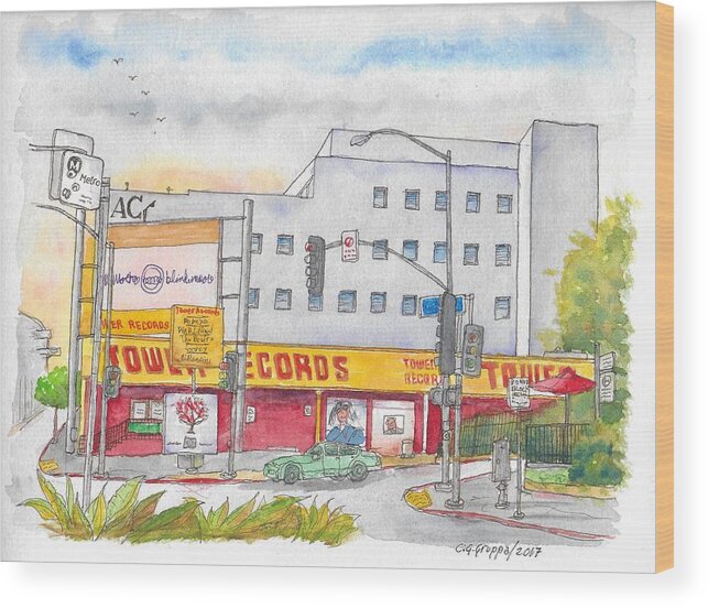 Tower Records Wood Print featuring the painting Old Tower Records in West Hollywood, California by Carlos G Groppa