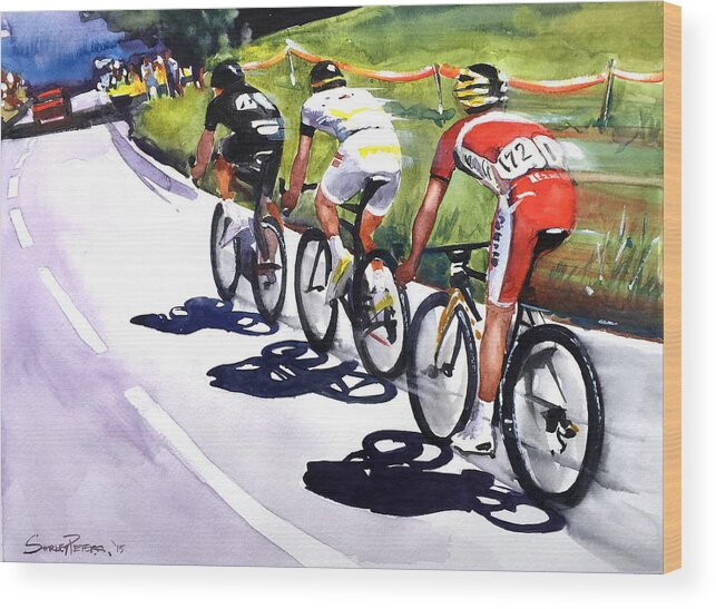Cycling Wood Print featuring the painting On the Road by Shirley Peters