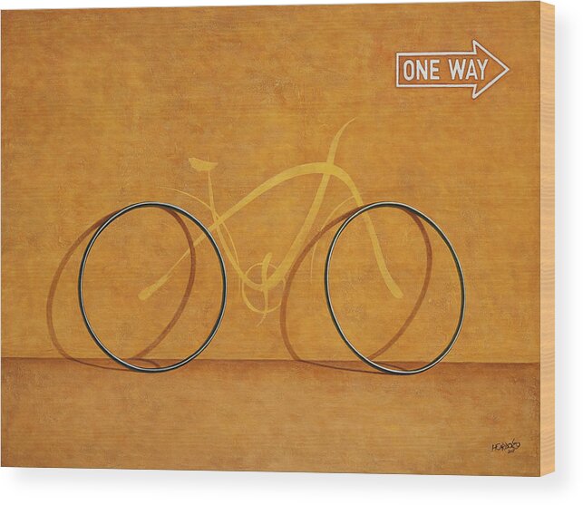 Bike Wood Print featuring the painting One Way by Horacio Cardozo