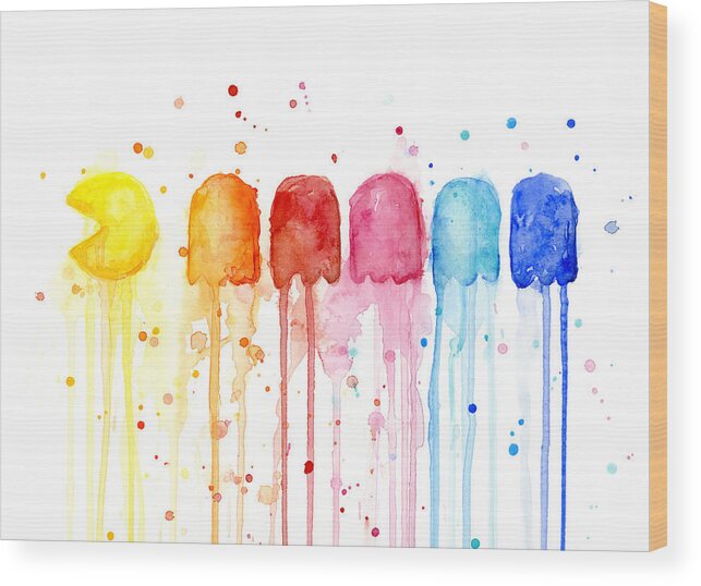 Game Wood Print featuring the painting Pacman Watercolor Rainbow by Olga Shvartsur