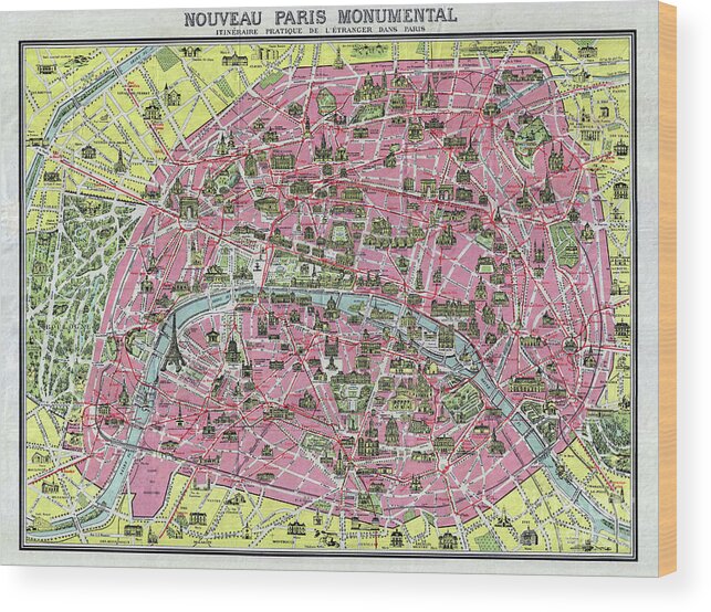 Paris Wood Print featuring the photograph Paris Map ca 1920 by Jon Neidert