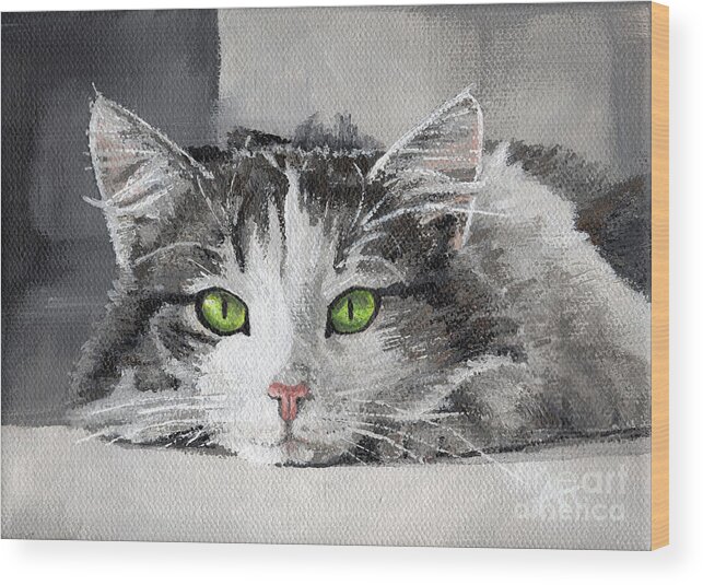 Cat Wood Print featuring the painting Penelope by Annie Troe
