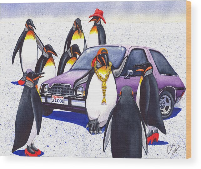 Penguin Wood Print featuring the painting Penguin's Purple Pacer by Catherine G McElroy