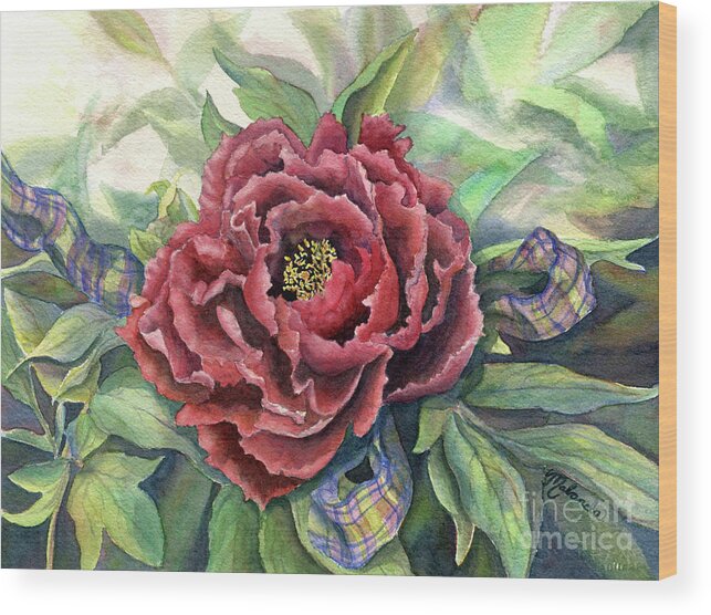 Red Peony Wood Print featuring the painting Peony and Plaid by Malanda Warner
