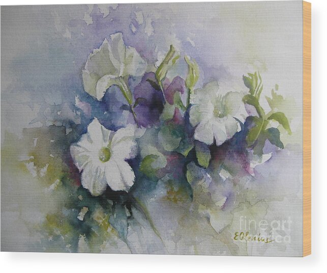 Petunias Wood Print featuring the painting Petunias in summer by Elena Oleniuc