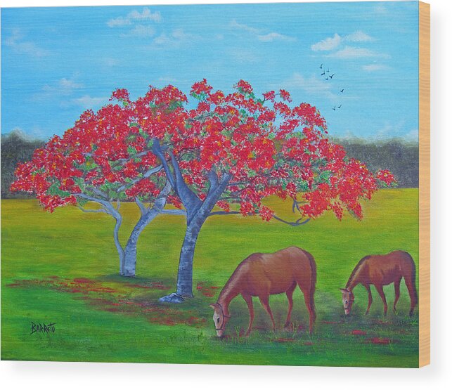 Flamboyant Wood Print featuring the painting Pleasent Pastures by Gloria E Barreto-Rodriguez