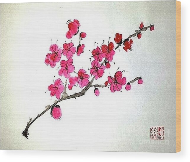 Harbinger Of Spring Wood Print featuring the painting Plum Blossoms by Margaret Welsh Willowsilk