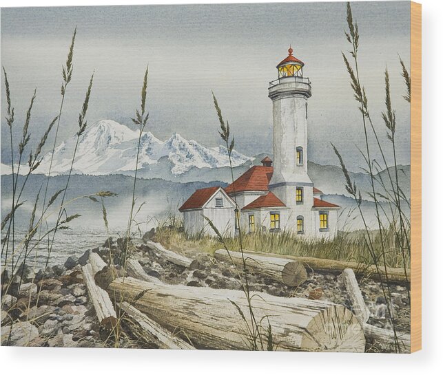 Lighthouse Fine Art Print Wood Print featuring the painting Point Wilson Lighthouse by James Williamson