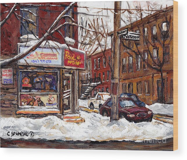 Montreal Wood Print featuring the painting Pointe St Charles Montreal Winter Scene Painting Paul Patates Restaurant At Coleraine And Charlevoix by Carole Spandau