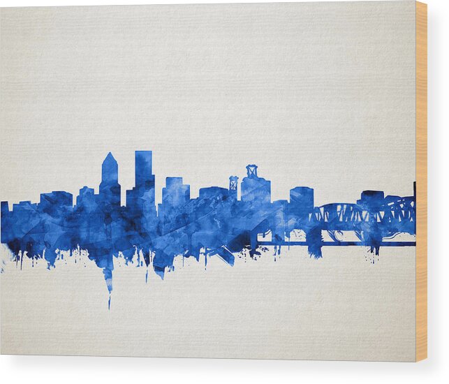 Portland Wood Print featuring the painting Portland Skyline Watercolor 4 by Bekim M