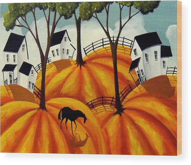 Folk Art Wood Print featuring the painting Pumpkin Firelds - abstract folk art by Debbie Criswell