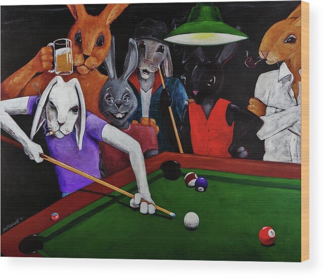 Rabbits Playing Pool Wood Print featuring the painting Rabbit Games by Jason Reinhardt
