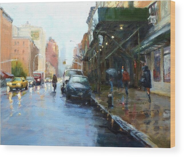 Landscape Wood Print featuring the painting Rainy Afternoon on Amsterdam Avenue by Peter Salwen
