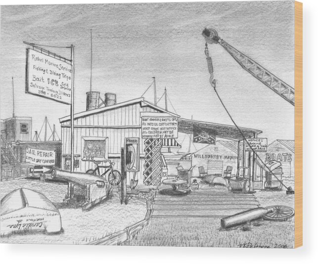 Boat Yard Wood Print featuring the drawing Rebel Marine by Vic Delnore