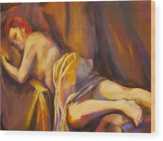 Redhead Wood Print featuring the painting Reclining Redhead by Joan Jones
