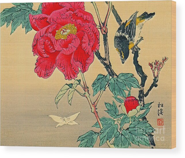 Red Flower 1870 Wood Print featuring the photograph Red Flower with Bird 1870 by Padre Art