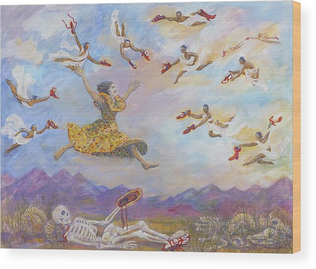 Dancer Wood Print featuring the painting Red Shoes with Messengers by Shoshanah Dubiner