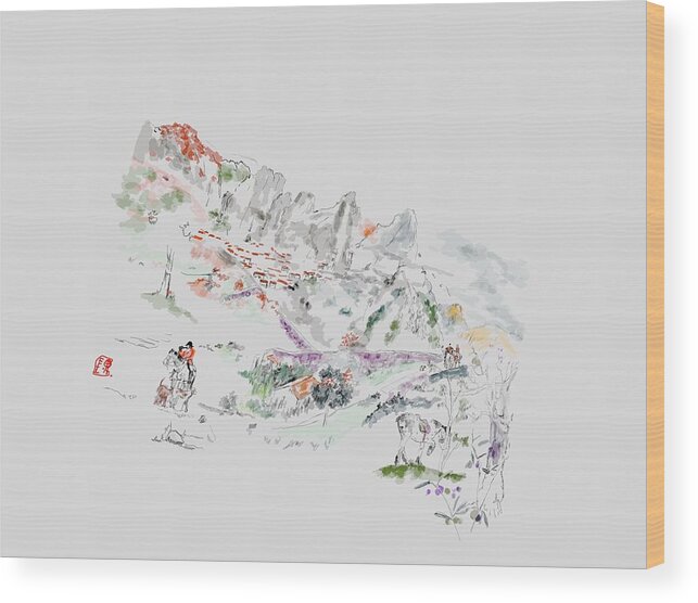 Italy. Hunting. Mountains. Horses. Dogs. Wood Print featuring the digital art Remaking Italian hunt by Debbi Saccomanno Chan