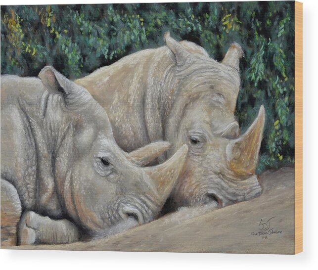 Rhino Wood Print featuring the painting Rhinos by Sam Davis Johnson