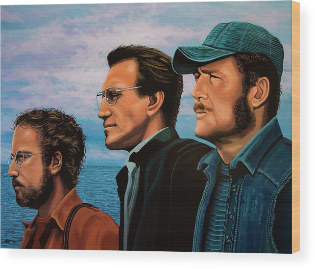 Jaws Wood Print featuring the painting Jaws with Richard Dreyfuss, Roy Scheider and Robert Shaw by Paul Meijering