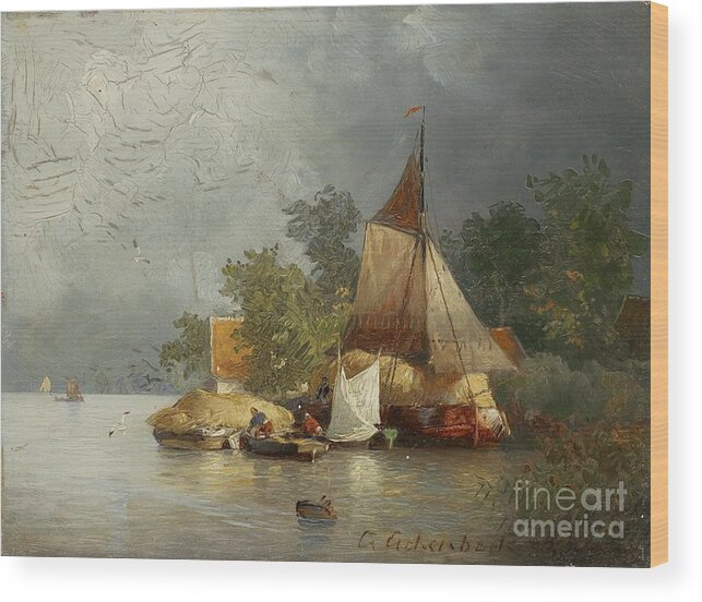Andreas Achenbach Wood Print featuring the painting River Landscape With Barges by MotionAge Designs