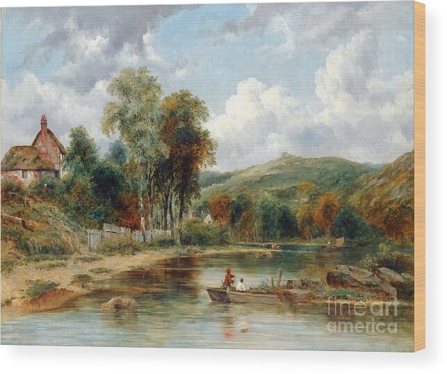 Frederick Waters Watts - River Landscape With Two Boys In A Boat Fishing Wood Print featuring the painting River Landscape with Two Boys by MotionAge Designs
