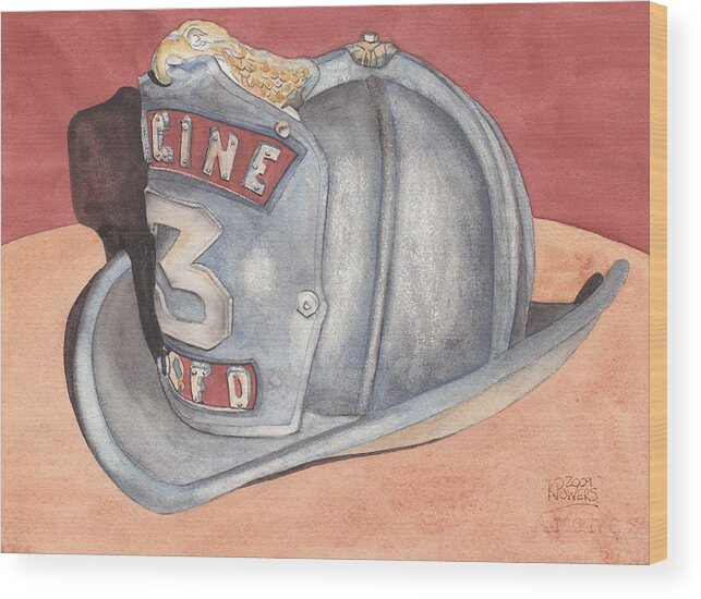 Fire Wood Print featuring the painting Rondo's Fire Helmet by Ken Powers