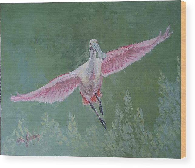 Florida Bird Wood Print featuring the painting Roseate Spoonbill by Mike Jenkins