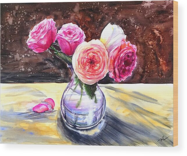 Flowers Wood Print featuring the painting Roses by Katerina Kovatcheva