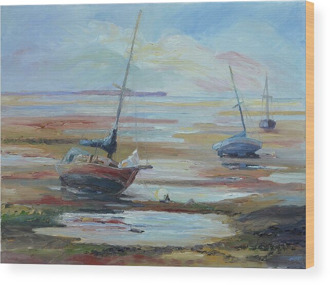 Summer Wood Print featuring the painting Sailboats at Low Tide near Nelson, New Zealand by Barbara Pommerenke