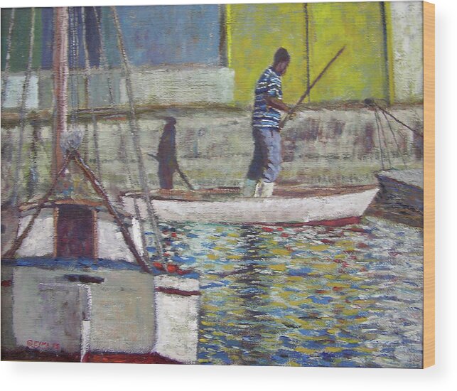 Man On A Boat Wood Print featuring the painting Sam and his Shadow by Ritchie Eyma